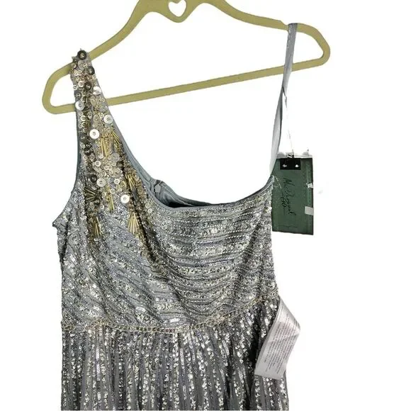 Mac Duggal Dress 16 Silver One Shoulder‎ Embellished Sequin Beaded Maxi Gown NWT - Picture 2 of 15